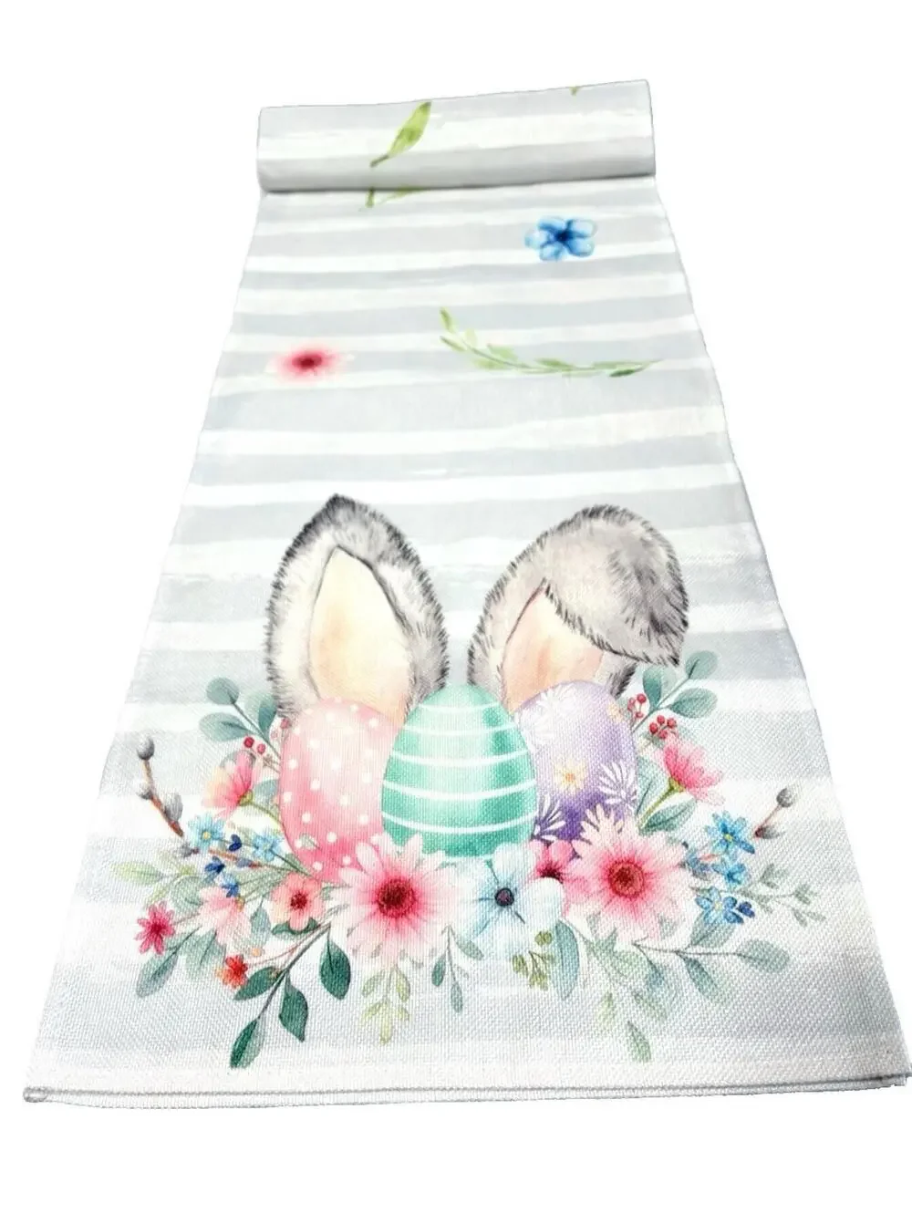 Easter Bunny Table Runner 72” Long Spring Floral Eggs Grey Stripe Holiday Decor